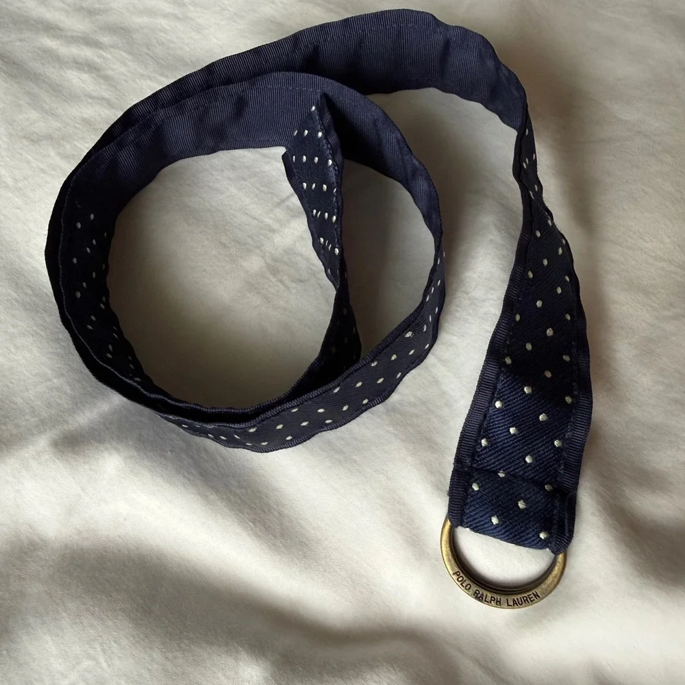 Polo Ralph Lauren Kids Navy Blue Polka Dot D-Ring Ribbon Belt Size 16 Preppy